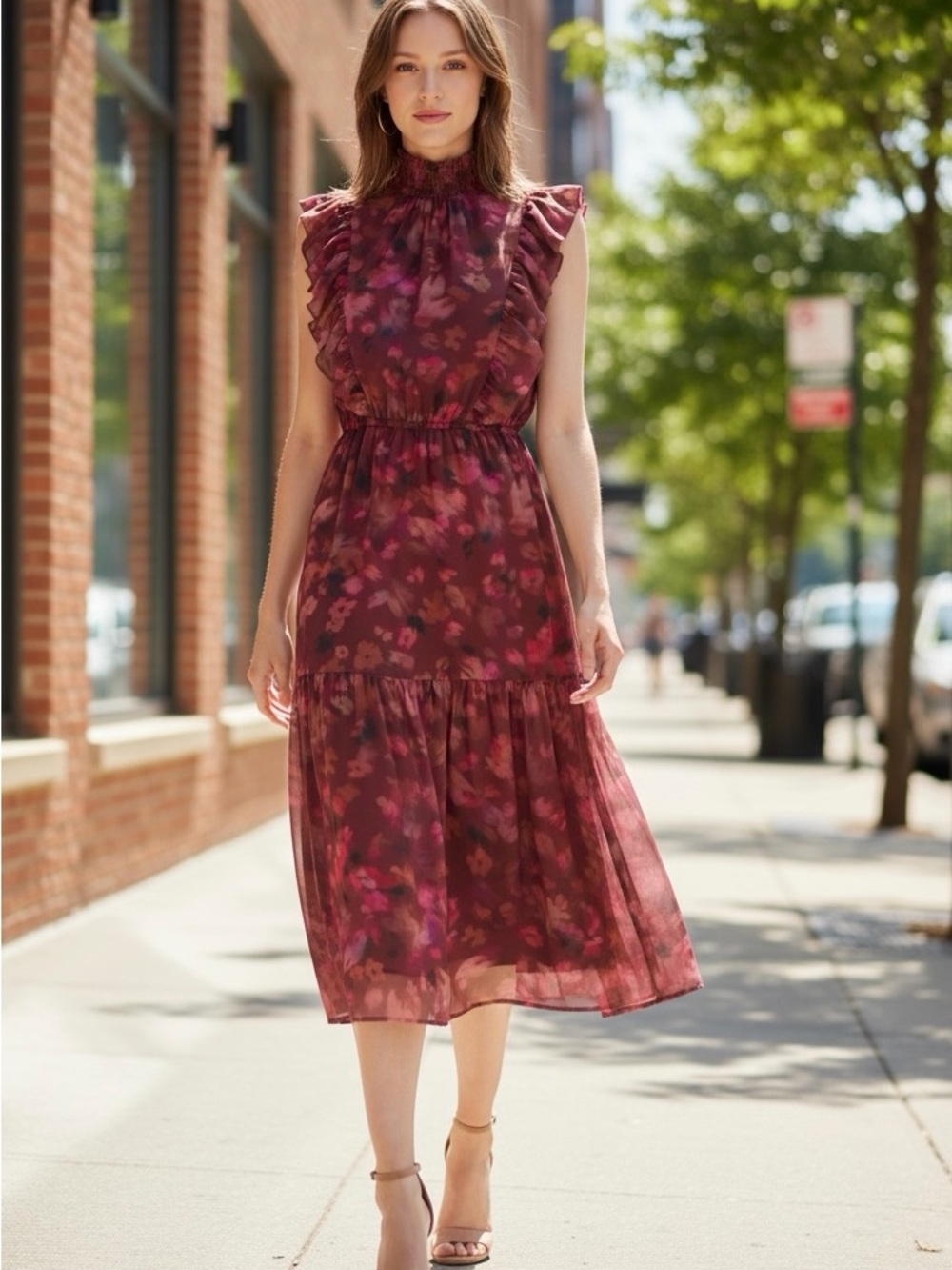 Steve Madden Burgundy Floral Ruffle Mock-Neck Midi Dress